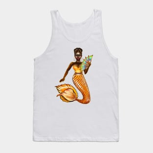 mermaid with gold scales and fan, tiara, necklace,brown eyes curly Afro hair and dark brown skin. Black mermaid Tank Top